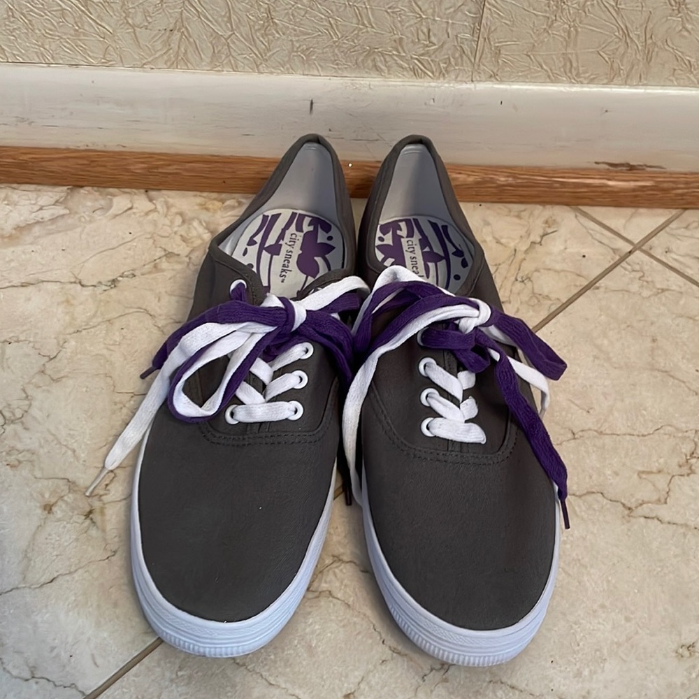Brand New Gray Sneakers with Multi-Color Laces